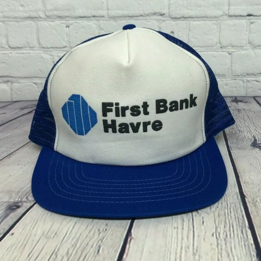 Vintage Trucker Hat Mesh First Bank Havre Made in USA Cap Logo Snapback Blue